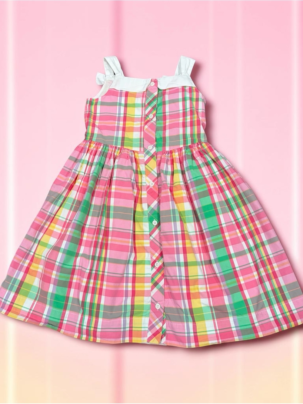 Janie and Jack Pink Green Yellow Plaid Cotton Sundress with Bow Straps Sz 6